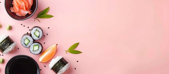 Wall Mural - japanese national cuisine dish Isolated on pastel background. Copy space image. Place for adding text and design