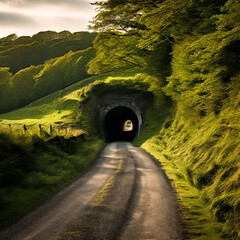 Canvas Print -  narrow, dirt road winds into a dark, mysterious tunnel. The entrance to the tunnel is framed by rough-hewn stone walls. 