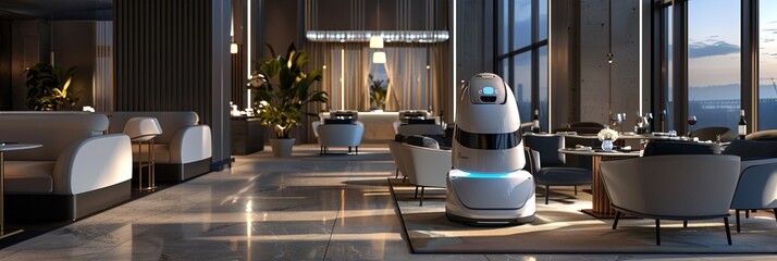 Poster - An AI-powered robot navigates through a modern restaurant, enhancing service quality and customer experience. Generative AI