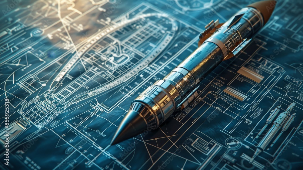 Detailed technical blueprint with a futuristic rocket model ...