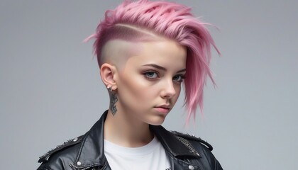 Wall Mural - portrait of a girl in a punk outfit with pink hair shaved on the side, isolated dark background,

