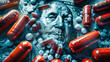 © Anoo - A close-up shot of red and white pills scattered on a dollar bill, highlighting the cost of healthcare and expensive medications