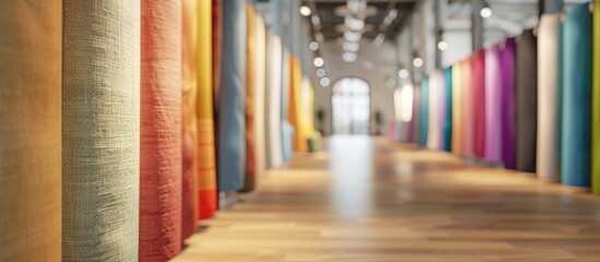 Poster - exhibition hall with fabrics. studio. background blur. copy space image. place for adding text and d