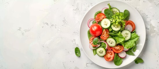 Sticker - Healthy vegetable salad of fresh tomato, cucumber, onion, spinach, lettuce and sesame on plate. Diet menu. Top view. Copy space image. Place for adding text or design