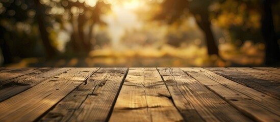 Poster - Old Top Wood Table with Blur Background. Copy space image. Place for adding text and design