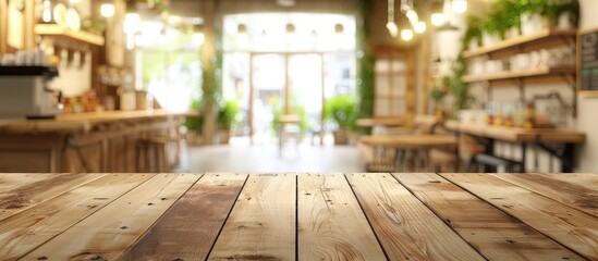 Poster - Selected focus empty brown wooden table and Coffee shop blur background with bokeh image, for product display montage. Copy space image. Place for adding text and design