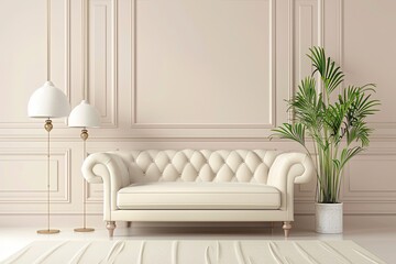 Wall Mural - A stylish and inviting living room featuring a white sofa, floor lamps, and a potted plant. Generative AI