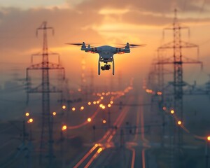 Poster - Drone Inspecting Power Lines at Sunset Showcasing Utility in Infrastructure Maintenance