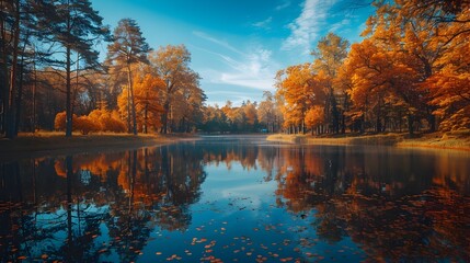 Wall Mural - stunning autumnal landscape with serene pond reflection in scenic forest park