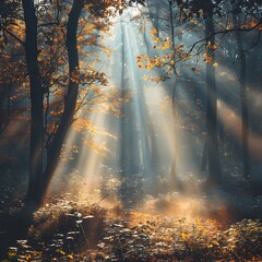 Wall Mural - Mystical Autumn Morning in Foggy Forest with Radiant Sunlight Beams