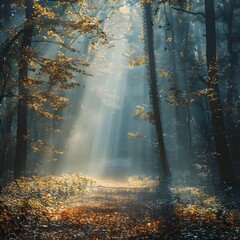 Sticker - Mystical Autumn Forest Landscape with Sunlight Rays Breaking Through Misty Morning