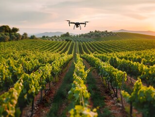 Canvas Print - Drone Flying Over Orderly Vineyard Showcasing Rows of Grapevines at Sunset