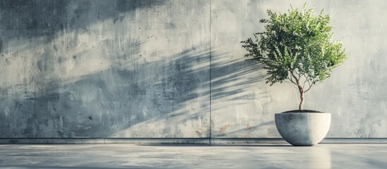 Poster - the tree in the pot on the cement floor has space. copy space image. place for adding text and desig