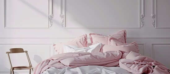 Wall Mural - Pink Art Deco bed with beautiful linens in a white bedroom. Copy space image. Place for adding text and design
