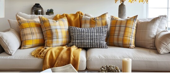 Wall Mural - Soft pillows and yellow plaid on sofa in living room. Copy space image. Place for adding text and design