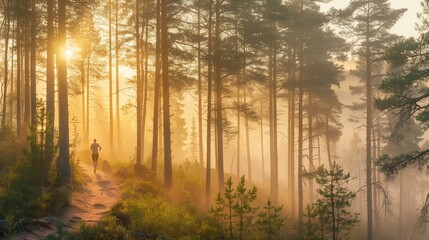 tranquil forest scene with morning sunlight and a lone runner on the path