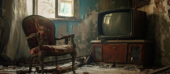Poster - a room with an old iron chair and television, painted vintage, with classic charm but in the cold mountains. Copy space image. Place for adding text and design