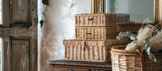 Poster - Three bohemian vintage wicker boxes stacked on a dresser. Copy space image. Place for adding text and design