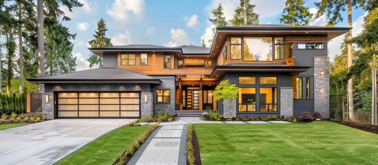 Wall Mural - Beautiful exterior of newly built luxury home. Yard with green grass and walkway lead to front entrance. Copy space image. Place for adding text or design