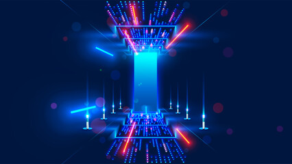 Aufkleber - Abstract door in tunnel with digital data center light signals. Future computer technology concept of cyber gate in cyberspace or metaverse. Fantasy cyber door or portal in data center. Tech banner.