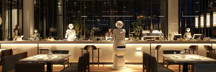 Poster - AI robots interacting with customers in a sleek and professional restaurant setting, enhancing service quality and customer experience. Generative AI