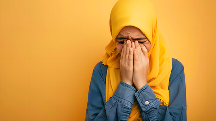 Wall Mural - Young beautiful girl wearing muslim hijab standing over isolated yellow background with sad expression covering face with hands while crying. Depression concept.