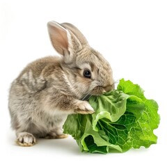 Wall Mural - Cute Rabbit Enjoying Fresh Lettuce: Adorable bunny happily munching on a green lettuce leaf against a clean white backdrop.