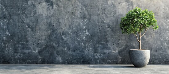 Poster - the tree in the pot on the cement floor has space. copy space image. place for adding text and desig