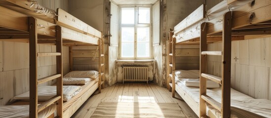 Poster - Interior of hostel with wooden bunk bed. Copy space image. Place for adding text and design