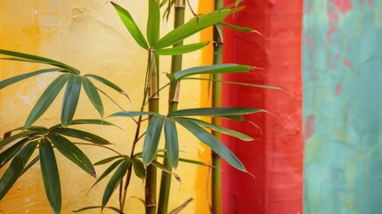 Wall Mural - Bamboo plant next to colorful wall