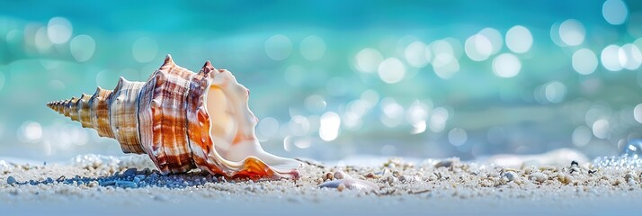 Wall Mural - Colorful Conch Shell on Sandy Beach, Nature Serenity and Romanticism