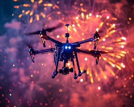 Drone Capturing Colorful Fireworks Display in the Night Sky