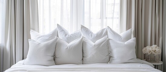 Poster - comfortable pillows and white pillows decoration on bed. Copy space image. Place for adding text and design