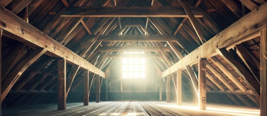 Wall Mural - Attic of a building with wooden beams of a roof structure. Copy space image. Place for adding text and design