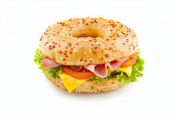 Wall Mural - Fresh tasty bagel ham and cheese sandwich with salad and tomato on white background.AI Generative.