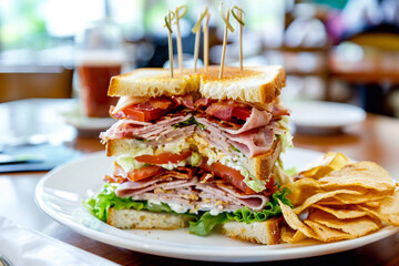 Club sandwich with layers of turkey and ham with bacon with lettuce and mayonnaise and crisps on cafe table.Macro.AI Generative.