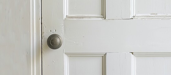 White door, key knob. Copy space image. Place for adding text and design