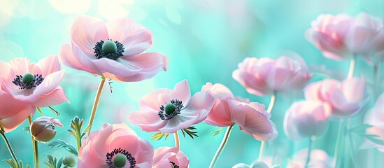 Poster - gently pink flowers of anemones outdoors in summer spring close-up on turquoise background with soft