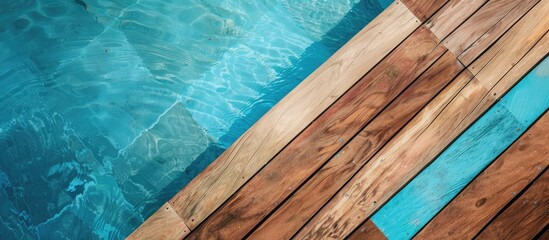 Poster - Diagonal lines of wood in detail decking and blue water swimming pool abstract background. Copy space image. Place for adding text and design