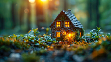 Poster - Miniature house with light bulb on green moss. Eco concept