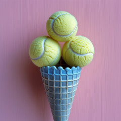 Wall Mural - Three tennis balls arranged in an ice cream cone against a pink background. The whimsical and surreal scene blends sports and dessert in a creative concept.