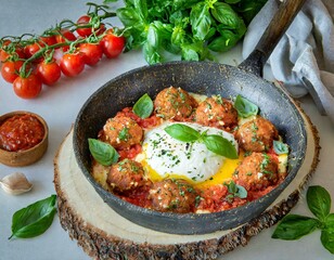 Gebratenes Rührei mit Hackfleischbällchen, Mozzarella, Tomaten, Basilikum, Tomatensauce und Kräutern