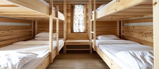 Poster - Interior of hostel with wooden bunk bed. Copy space image. Place for adding text and design