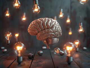 Poster - Creative Brain Concept with Illuminating Light Bulbs Surrounding Abstract Mind