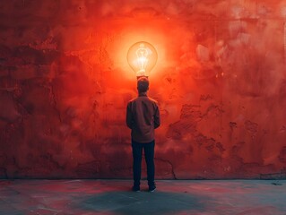 Canvas Print - Man in awe of glowing light bulb representing and idea concept with copy space