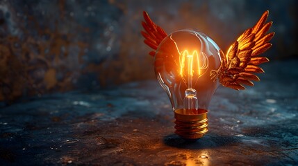 Poster - Glowing Light Bulb with Wings Representing the Power of Ideas Taking Flight