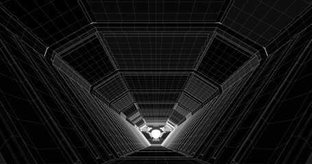 Poster - Futuristic low poly sci-fi laboratory or spaceship corridor with neon light. Vector illustration