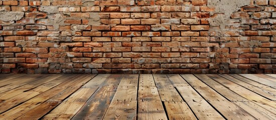 Poster - empty room with wooden floor, wall brick vintage background . Copy space image. Place for adding text and design