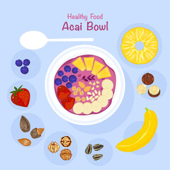 Healthy cooking ingredients, delicious mixed fruit Rich in vitamins Top view of food bowl. Acai on a smoothie in a bowl. Light background vector illustration for food menu decoration. Easy to edit.
