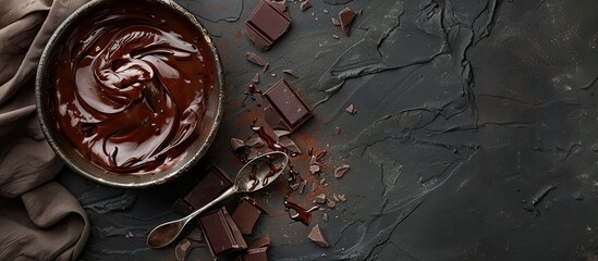 Poster - ceramic bowl of chocolate cream or melted chocolate and pieces of chocolate on dark concrete background. Copy space image. Place for adding text and design